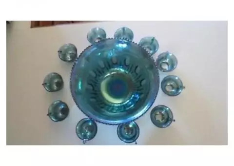Carnival glass Harvest Grape punch bowl and 11 cups